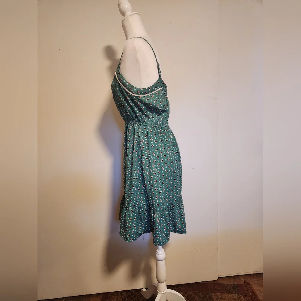 Vintage Green Owl Print Fit And Flare Silk Blend Ruffle Hem Sundress Large L EUC - Picture 2 of 7